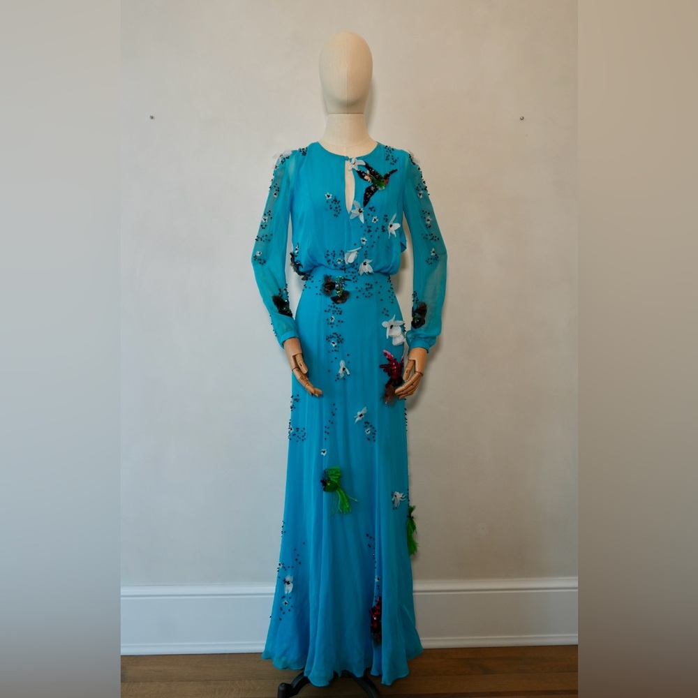 Monique Lhuillier Blue Floral Long Sleeve Dress